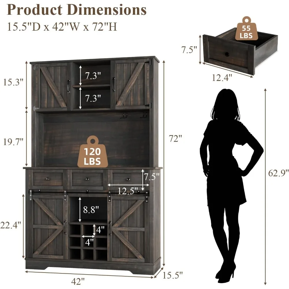72 Armadietto da bar con anta scorrevole per fienile e portabottiglie, mobile con cassettiera con contenitore e 3 cassetti, Farmhouse Cof