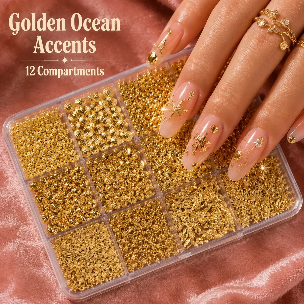 12 Grids Golden Marine Nail Rivets With Pick Tweezers Mixed Seashell Sun Turtle Metal Ornaments DIY Beach Nail Decorations