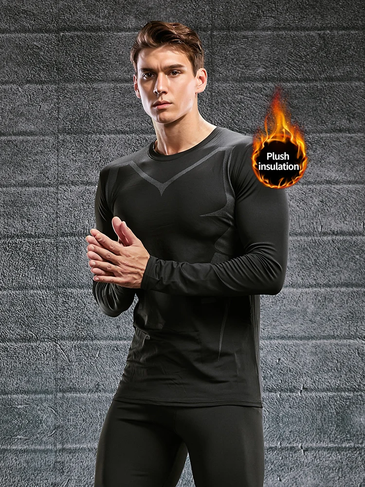 Warm Underwear For Men With Plush And Thickened Coldproof And Seamless Tight Bottoming Sports Set, Autumn And Winter Top