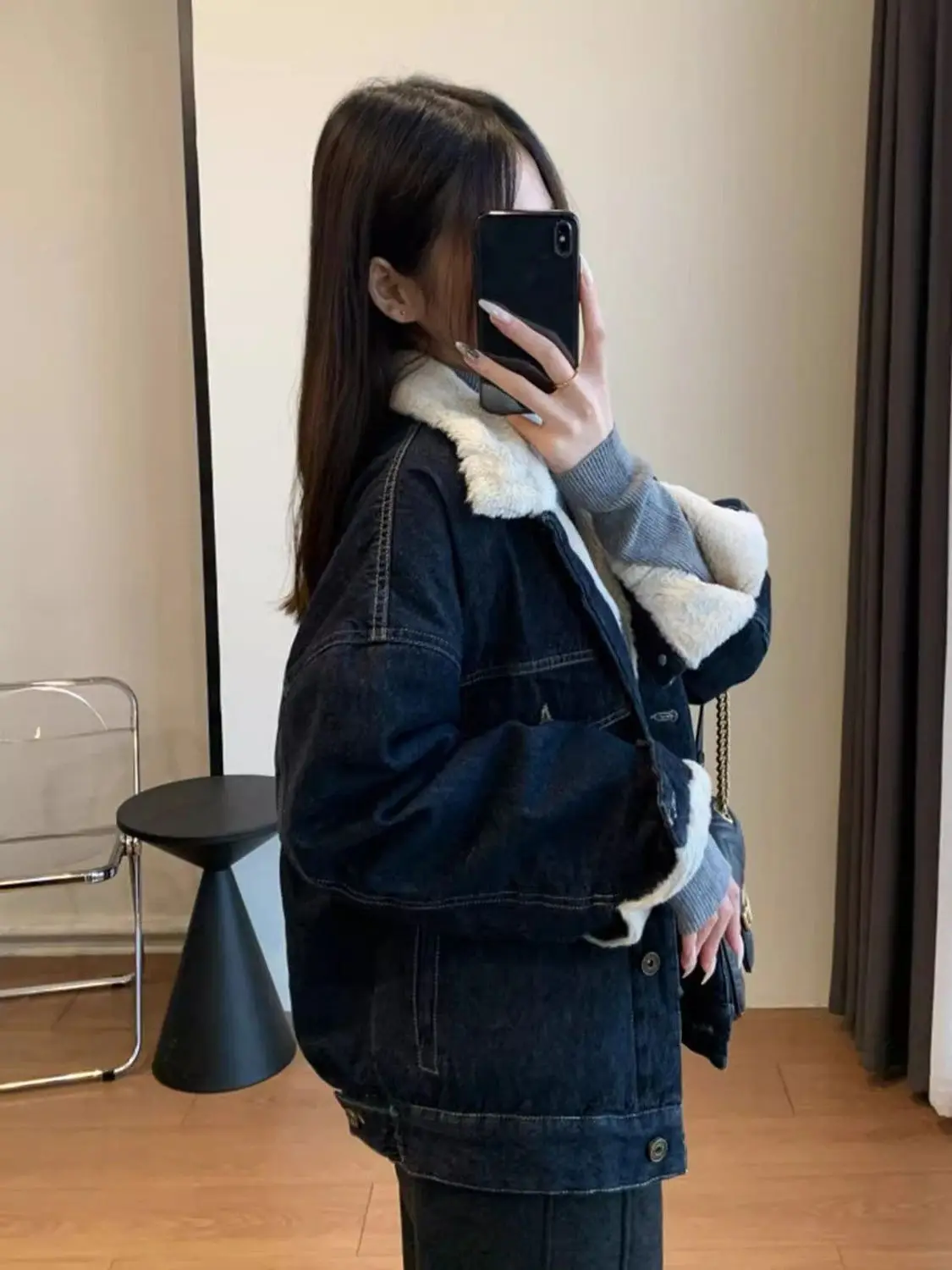 

Denim Coats For Girl Fur Plush Womens Fall Moisture-Wicking Boxy Fit French Exquisite Urban Office Slimming Versatile Jackets BF