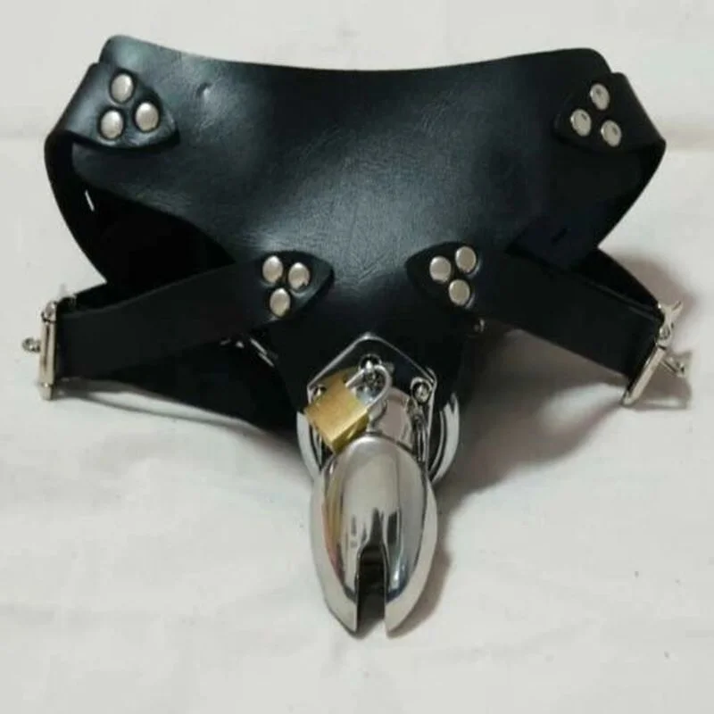 PU Leather Chastity Pant Male Metal Chastity Cage Device Chrome Plated Lock Ring Restraint Steel Cage Adult Sex Toys for Men/Gay