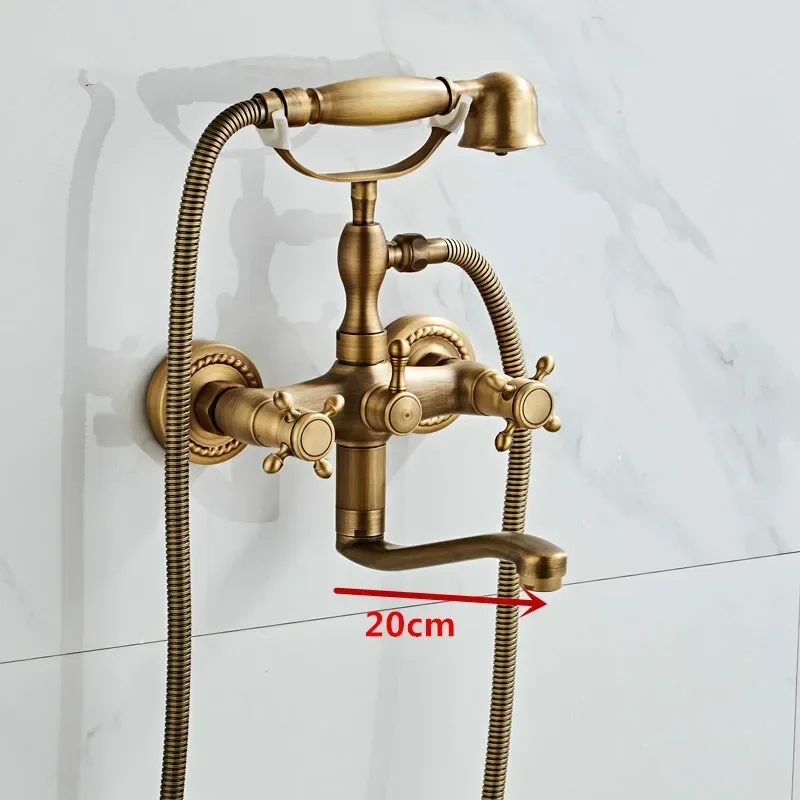 Antique Brass Bath Faucets Shower Wall Mounted Bathroom Basin Mixer Tap Crane with Hand Shower Bath Shower Faucet Set