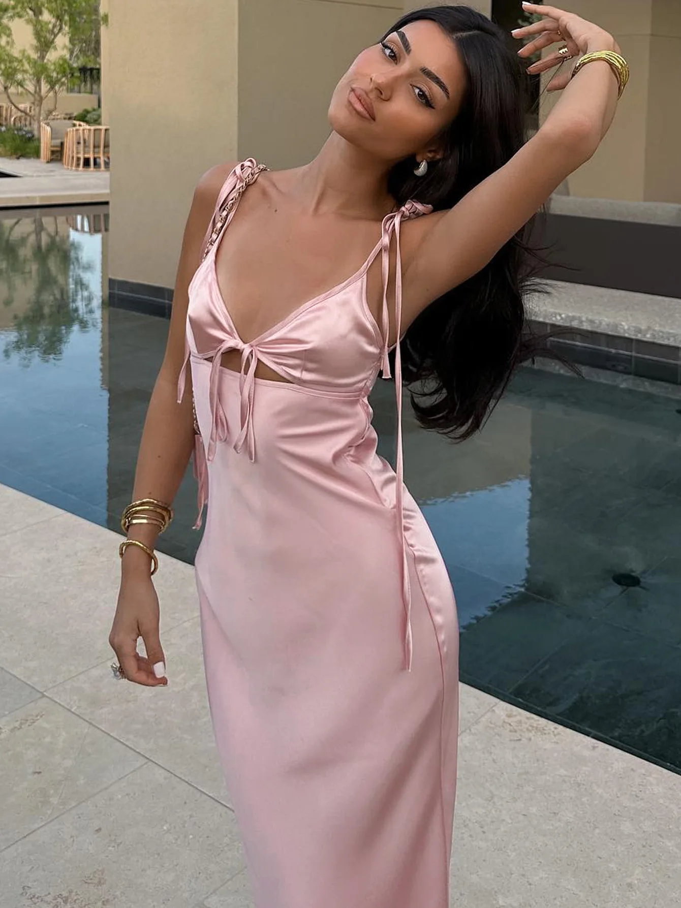 Bal Lace up Spaghetti Straps Cut out mid Dr High Waist Svel Long Skirt V-Ne Summer Commute Sle Women Dr