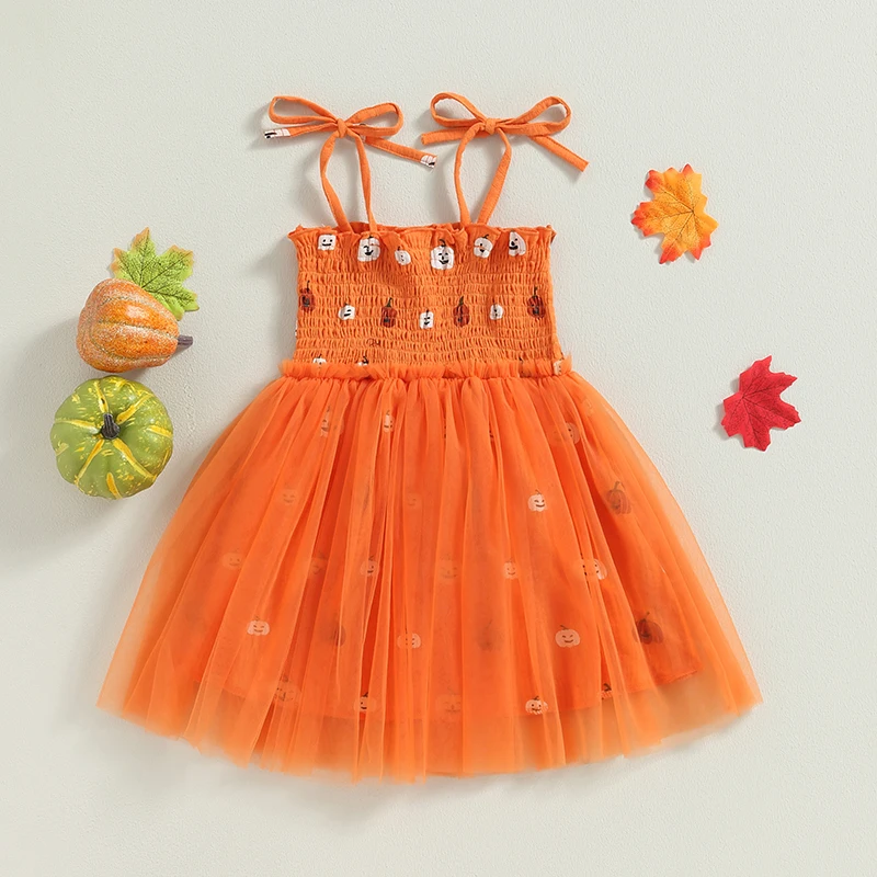 Girls Sleeveless Pumpkin Print Tulle Dress Halloween Costume A-line Dress with Tie-up Detail for Summer Fun