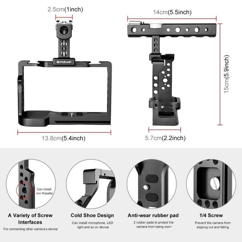 PULUZ Video Camera Cage For Sony Alpha 7C / ILCE-7C / A7C Camera Aluminum Alloy Filmmaking Rig Frame with Handle