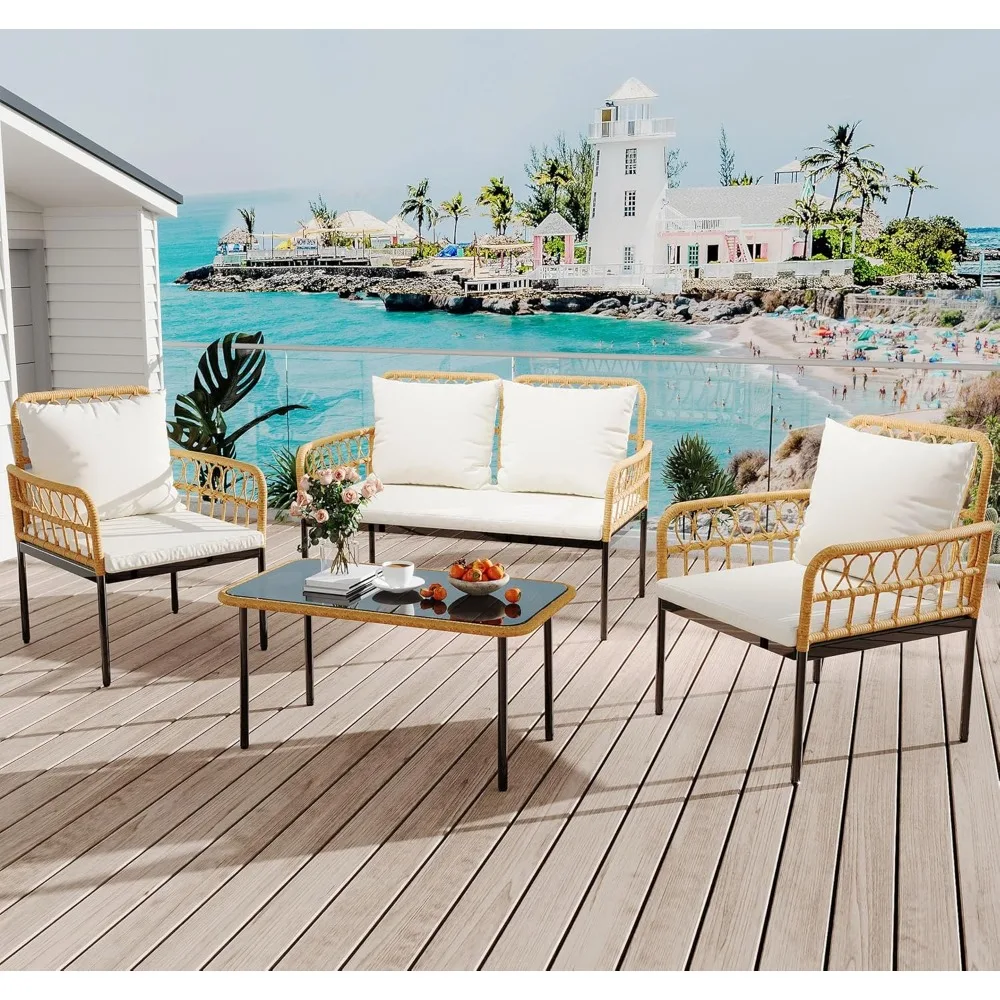 

4-Piece Outdoor Patio Furniture Set, All-Weather PE Rattan Wicker Loveseat & Chairs with Glass Coffee Table & Steel Frame