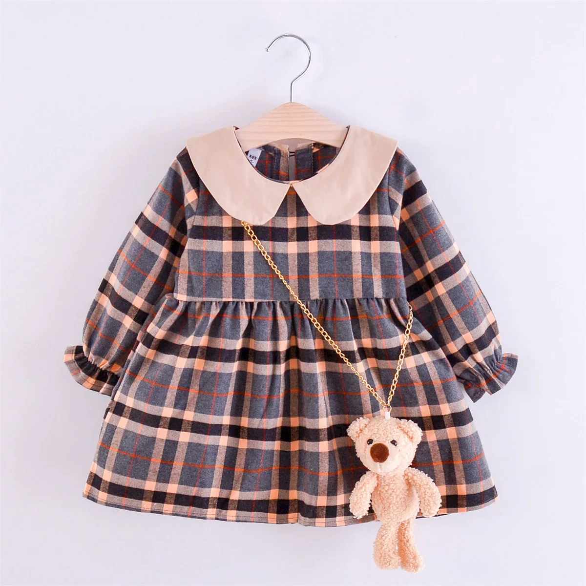 Spring And Autumn Girls' Long Sleeve Dress 2 Pieces/Set Total Little Bear Pendant Academy Style Pattern Doll Neck Daily Dress