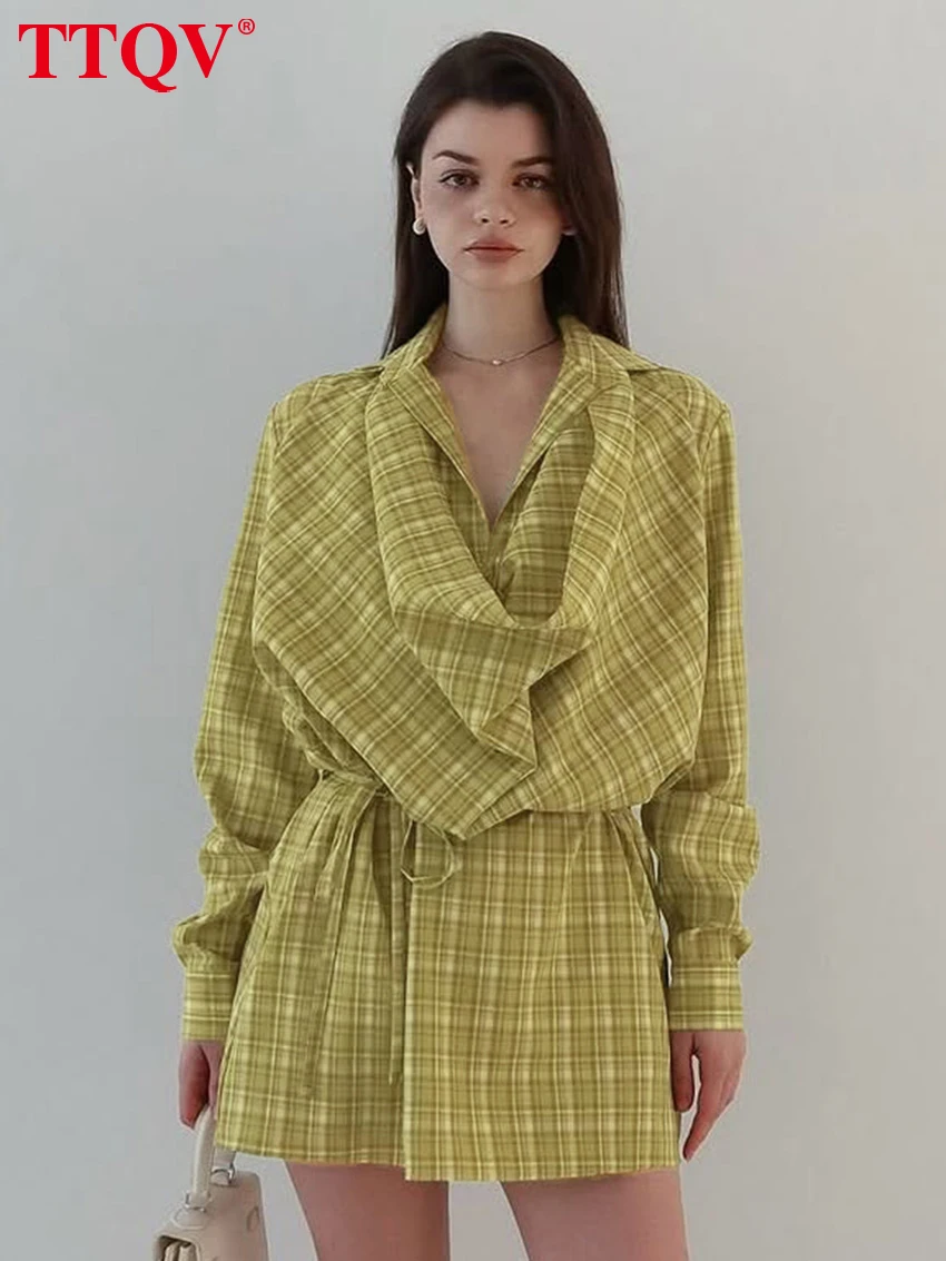 

TTQV Fashion Loose Yellow Plaid Women's Dress 2026 Autumn Lapel Long Sleeve Mini Dresses Elegant Classic Female Dress Streetwear
