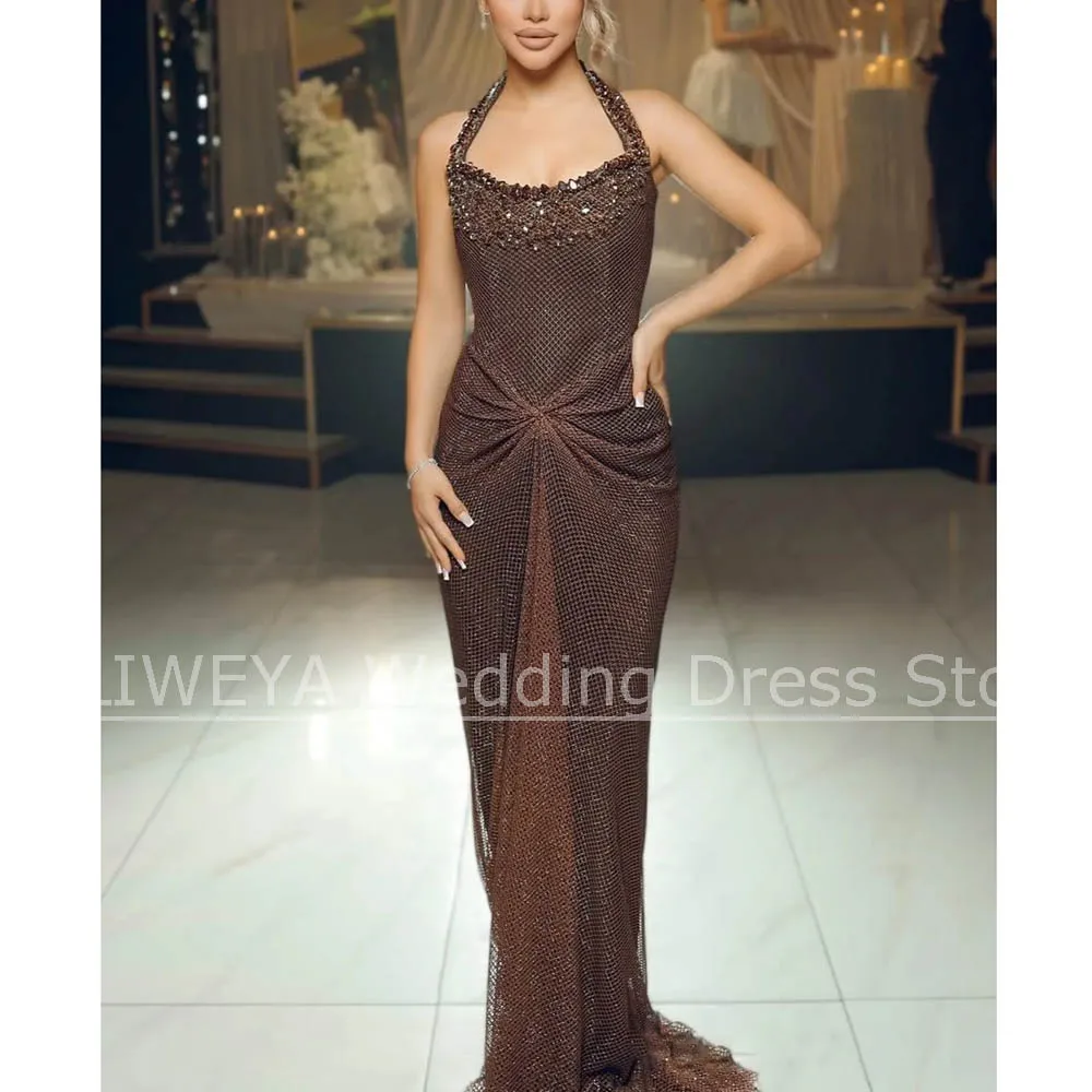 럭셔리 스팽글 홀터넥 이브닝 드레스 비즈 장식 주름 머메이드 가운 트레인 포함 포멀 글리터 슬리브리스 파티 프롬 드레스