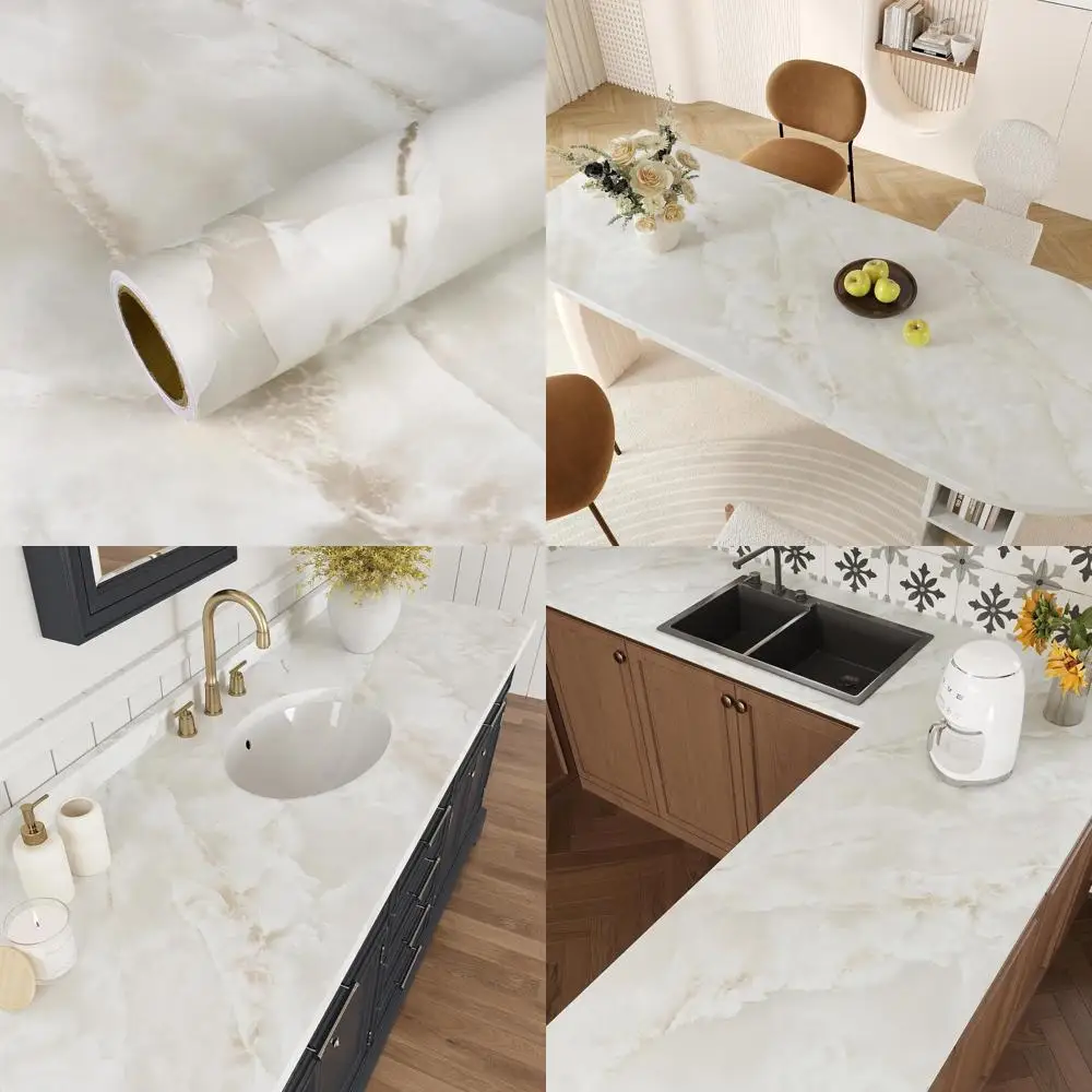 ورق اتصال كبير من أونيكس كريمي ذو مظهر رخامي مقاوم للماء وقابل للتقشير واللصق لأسطح العدادات، لمسة نهائية غير لامعة، مقاس 354 × 32 بوصة