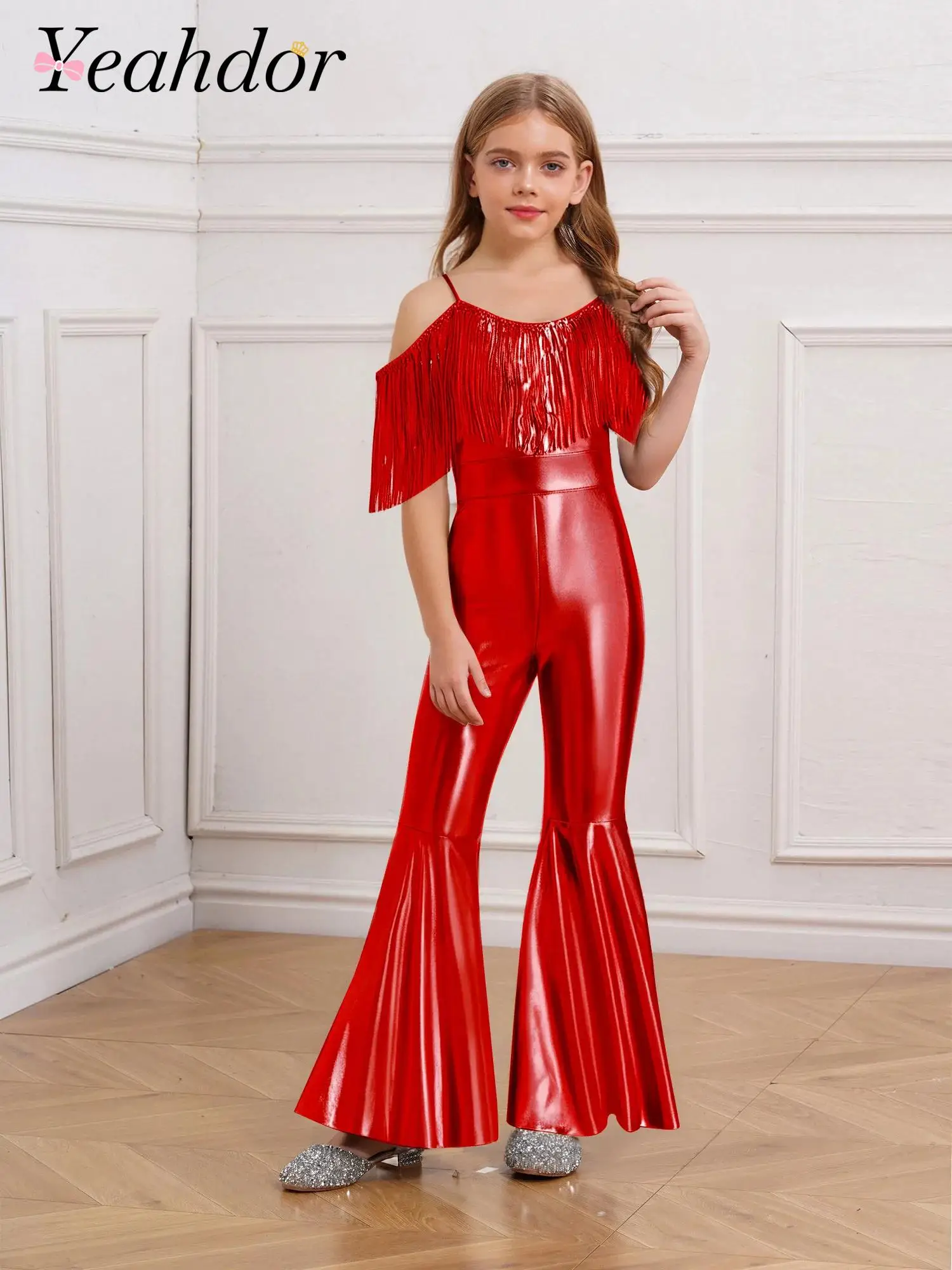 

6-16 Girls Shinny Flared Jumpsuit Kids Fashion Romper Sequins Tassels Sparkly Jumpsuits Children's Banquet Pageant Outfits