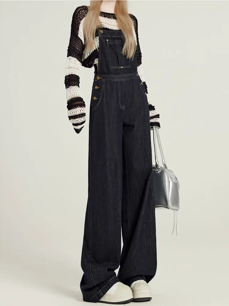 Salopette di jeans coreana retrò da donna a vita alta dimagrante scuola Sle Agel versatile tuta a gamba larga blu intenso