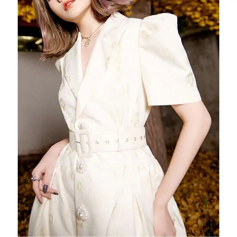 

Ele Summer Faion High-End Sense Jacquard Suit Collar Dr Mid-Waist A-Line Skirt ort Sve V-Ne Ci Walk Dr