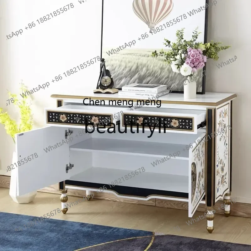 D96   French Art Side Cabinet Solid Wood Painted Entrance Cabinet American Light Luxury Double Door Decorative Cabinet