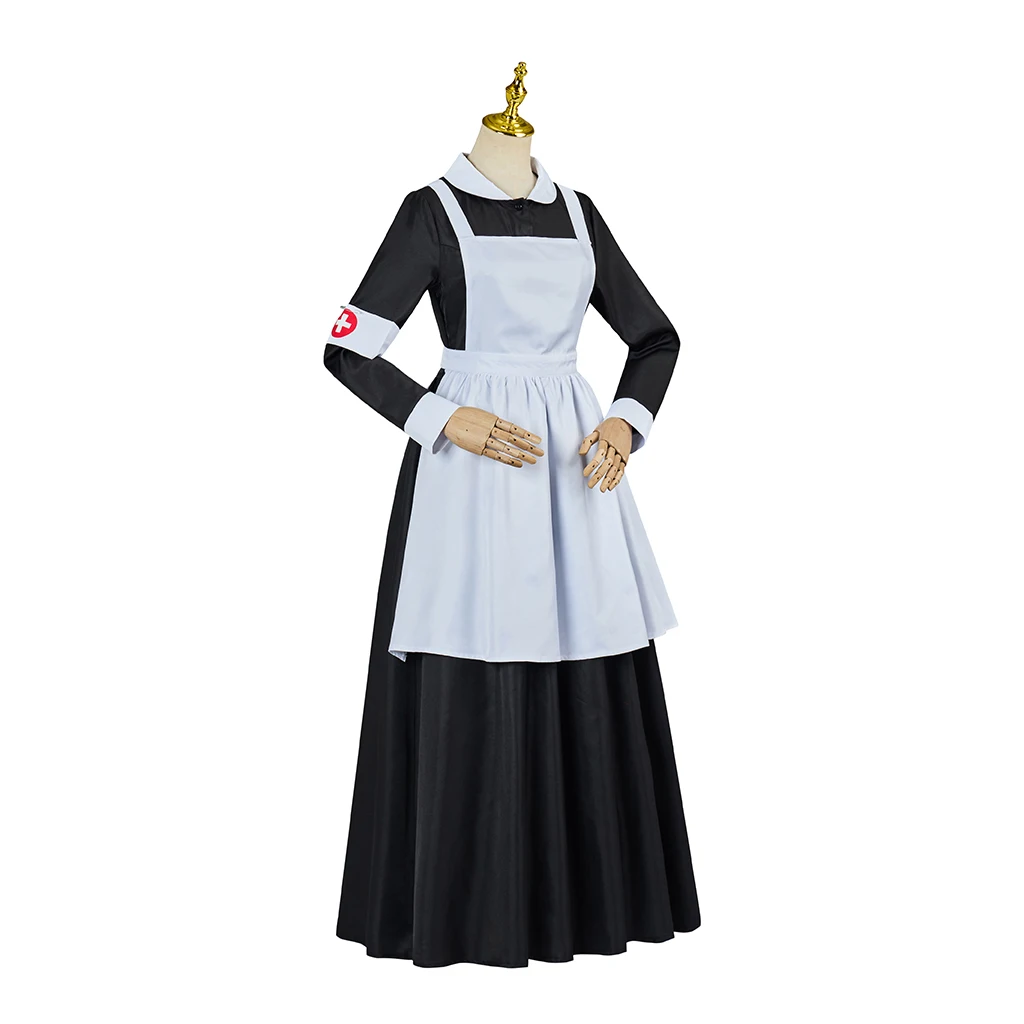 Historical Victorian Colonial Civil War Nurse Maid Uniform Suit Women's Black Dress with Apron Halloween Carnival Party Cosplay