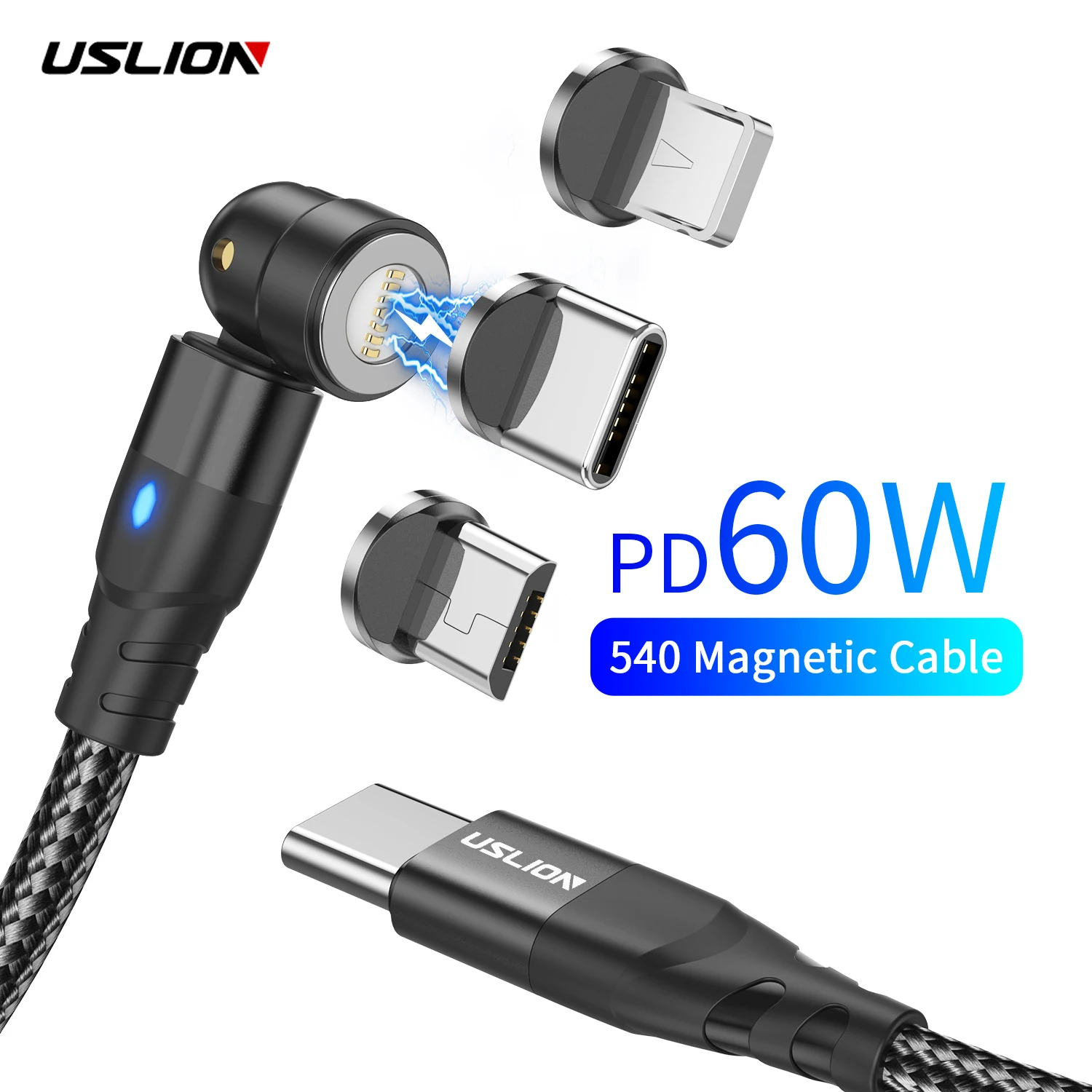 USLION PD 60W מקלט טעינה מהיר מגנטי עבור iPhone 15 Pro Max Xiaomi 14 Oneplus 12 POCO X6, USB C כדי סוג C מירקו Data Cord
