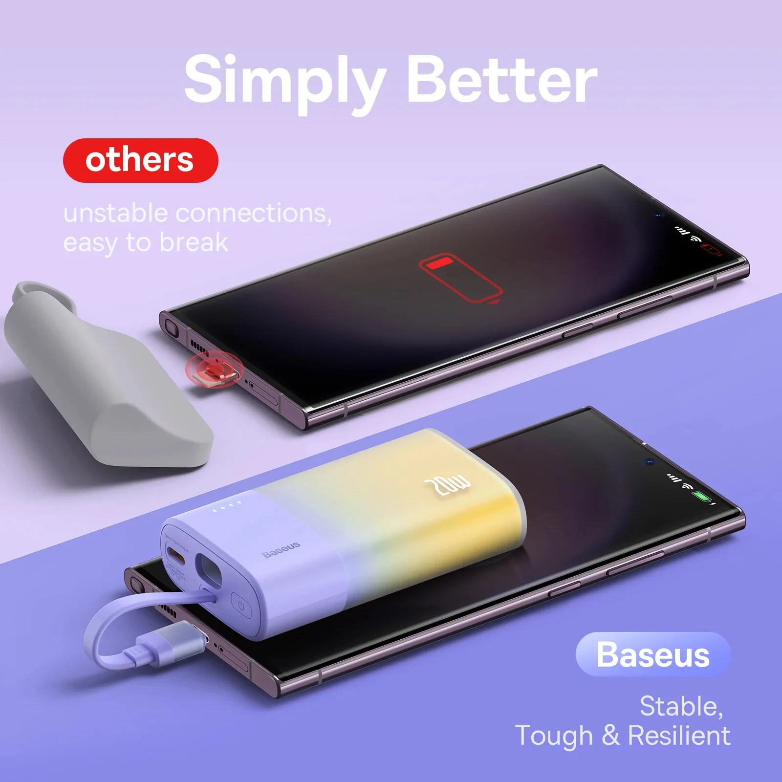 Baseus Ice cream Portable Power Bank PD20W Fast Charging, Battery Charger 5200mAh Built-in Cable Suitable for iPhone and Samsung