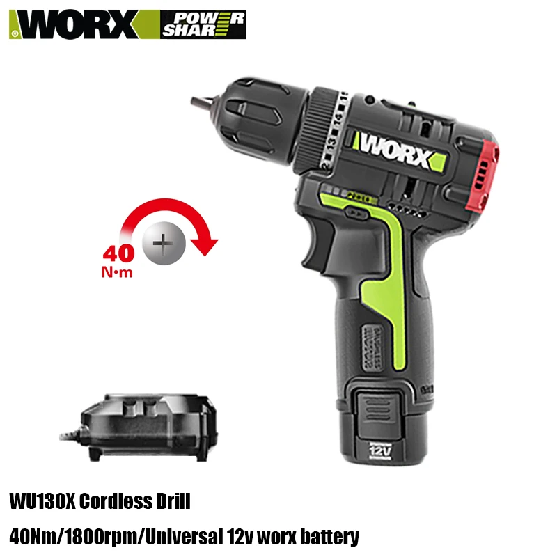 Worx Cordless Electric Drill Rechargeable WU130X 12v 40Nm Dual Speed Bare Tool or With 1 Battery and Charger Universal Platform