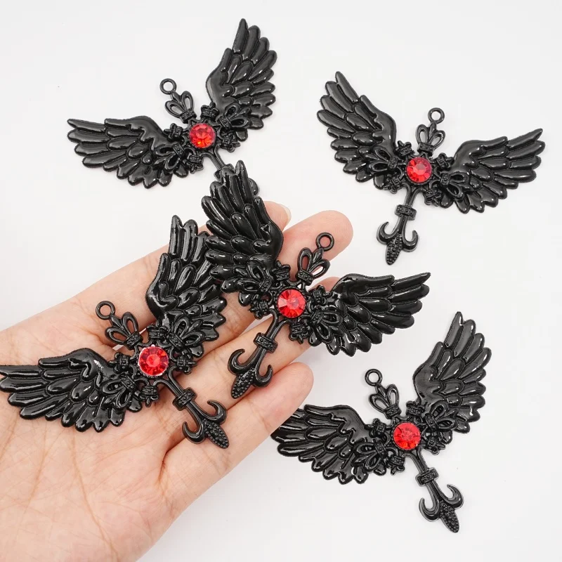 1Pc Gothic Black Angel Wing Anchor with Red Water Diamond Dark Wing Cross Pendant Jewelry Making DIY Accessories