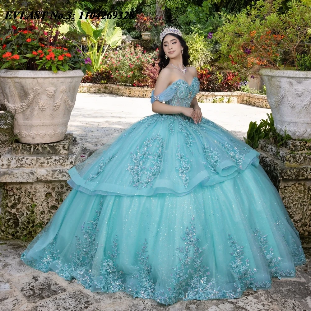 EVLAST Dostosowana meksykańska różowa suknia balowa na quinceanera Koronkowa aplikacja z koralików Kryształowe wielowarstwowe słodkie 16 Vestido De 15 Anos E3Q255