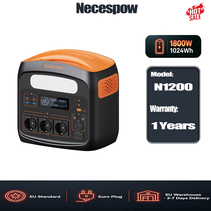 Przenośna stacja zasilania Necespow, moc ciągła 1800 W, moc szczytowa 3000 W, szybkie przełączanie zasilania UPS w 20 ms, 10 portów wyjściowych, maksymalna moc ładowania energią słoneczną MPPT 400 W,
