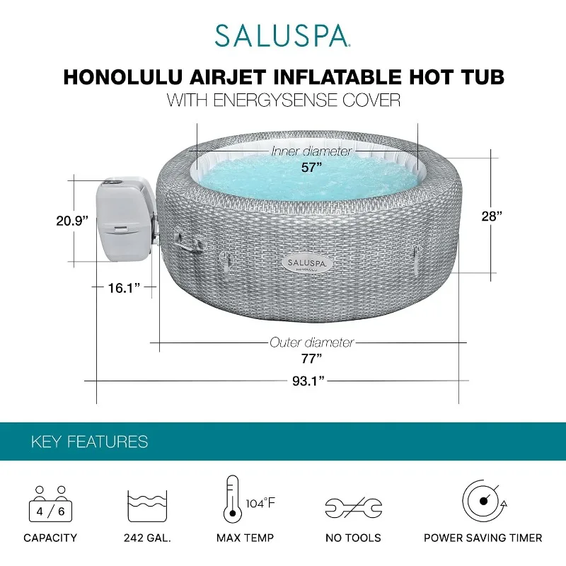 Bestway SaluSpa Honolulu 4to6 Person Inflatable Hot Tub,Round Energy-Efficient Portable Outdoor Spa with 140 AirJets, 77