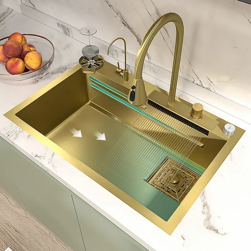 

Golden Stainless Steel Kitchen Sink Waterfall Sink Large Single Slot Multifunctional Washbasin With Waterfall Faucet For Kitchen