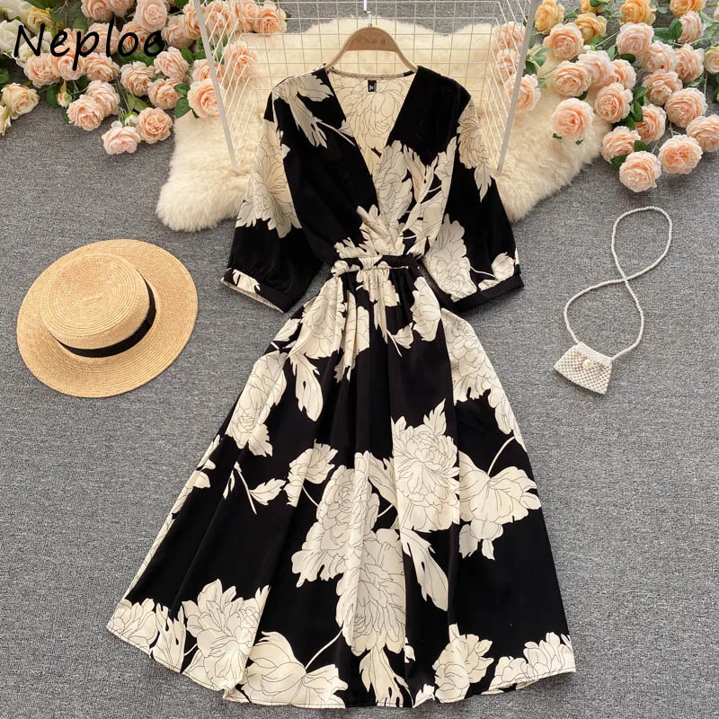 Neploe Elegant Style Ladies Dresses V-neck Spring 2024 New Fashion Vestidos De Mujer Temperament High Waist Long Femme Robe