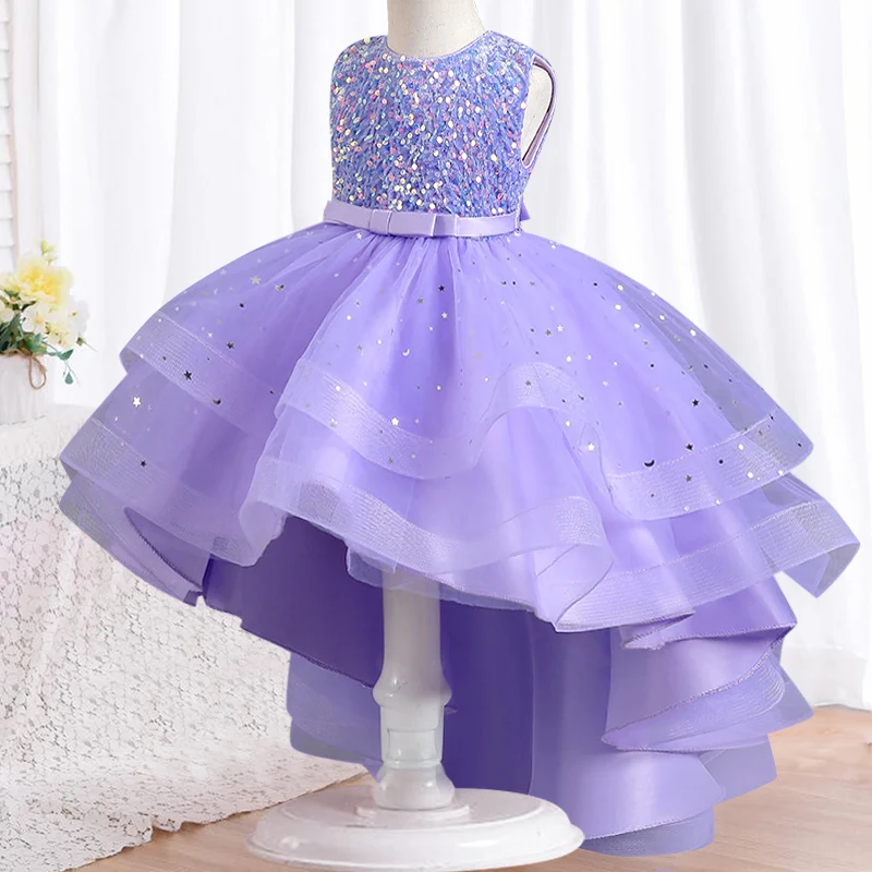 Girls\' Dress 2023 New Sequin Sleeveless Tailed Princess Dress Bowtie Mesh Dress Fashion High end Banquet Host Performance Dress