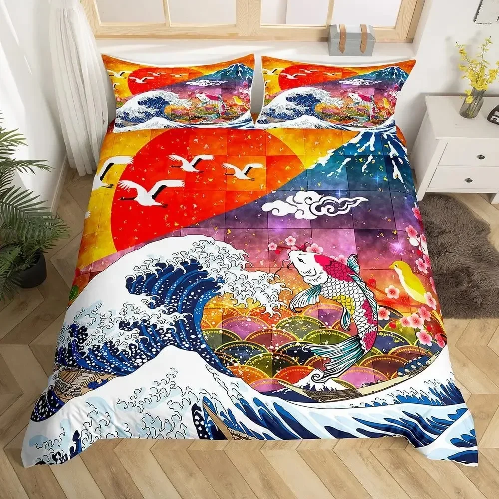 

Japanese Ukiyoe Duvet Cover Set Hokusai Pattern Bedding Set Watercolor Sun Mountain Comforter Cover Exotic Style Quilt Cover Set
