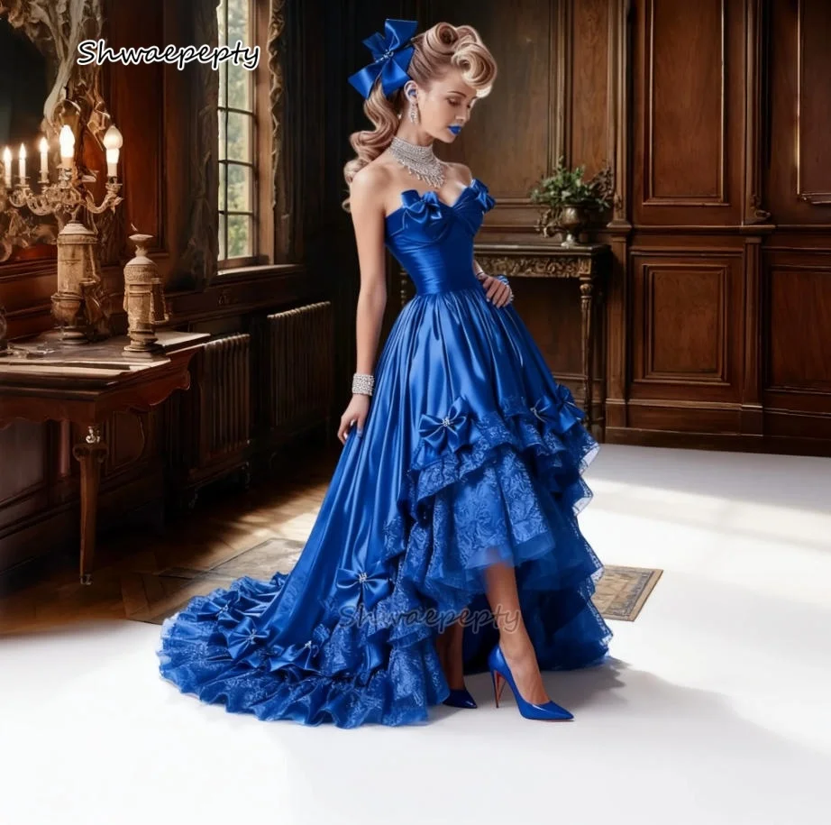 

Royal Blue High Low Prom Dress With Bow Strapless Sweetheart A-Line Lace Satin Evening Gowns Customized Special Occasion Wear