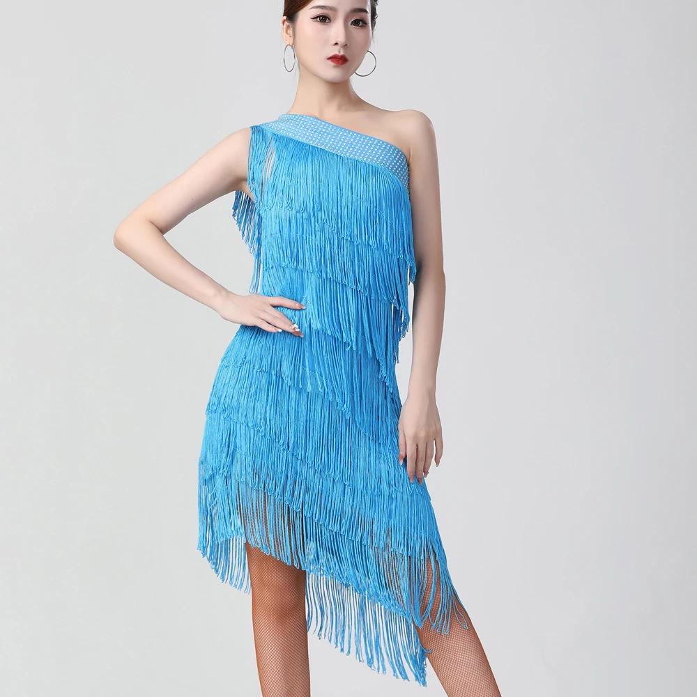 New Women 1920s Flapper Dress Charleston Party Costumes Sexy One Shoulder Tiered Fringe Dress Latin Salsa Rumba Dance Dress Blue