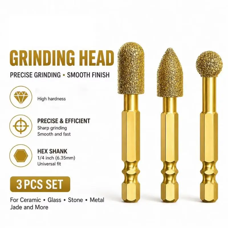 3Pcs Diamond Grinding Head Tile Rotary File Polishing Head For Iron Stainless Steel Ceramic Tile Fits Drill