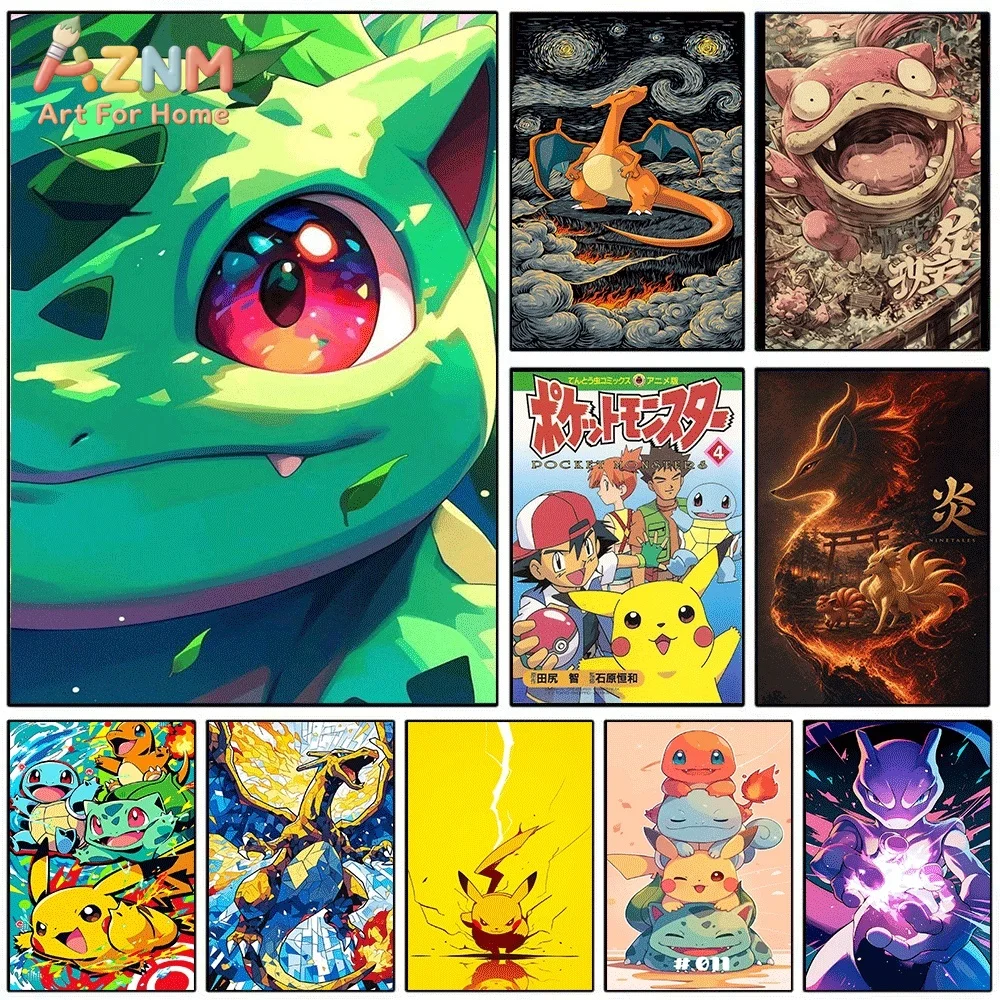 Anime Pokemon Bulbasaur Close‑up Canvas Wall Art, Grass‑type Pocket Monster Cartoon Frameless Canvas Painting for Kids Bedroom