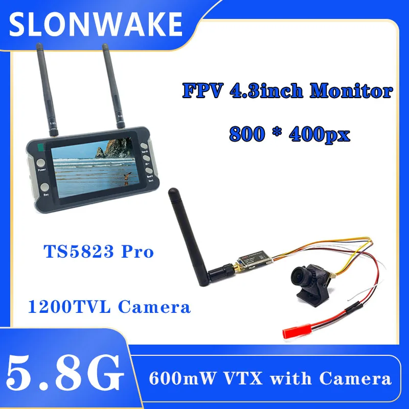 SLONWAKE Easy to use 5.8G FPV Set Video VTX600mw Transmitter TS5823 and mini CMOS 1200TVL Camera and 4.3 inch Monitor Suit