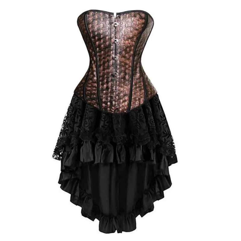 

Sexy Corset Dress Gothic Skull PU Leather Bustier Tops Skirt Set Overbust Corselet Burlesque Vintage Renaissance Pirate Costumes