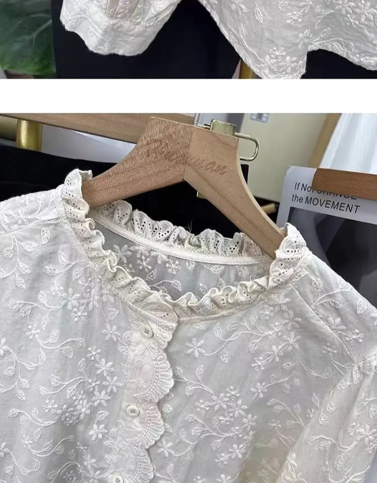 New Loose Lace Pure Cotton Women\'s Top with Lace Embroidery Long Sleeved Shirt