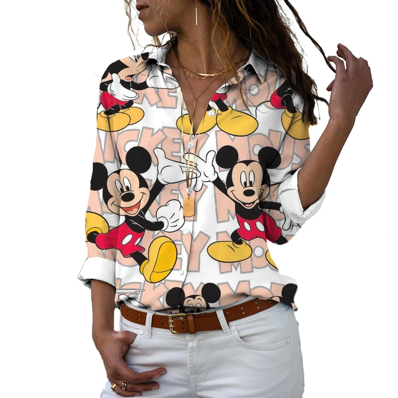 Camiseta ajustada de Mickey y Minnie para mujer, camisa informal de manga larga con botones y botones, estilo Harajuku, y2k