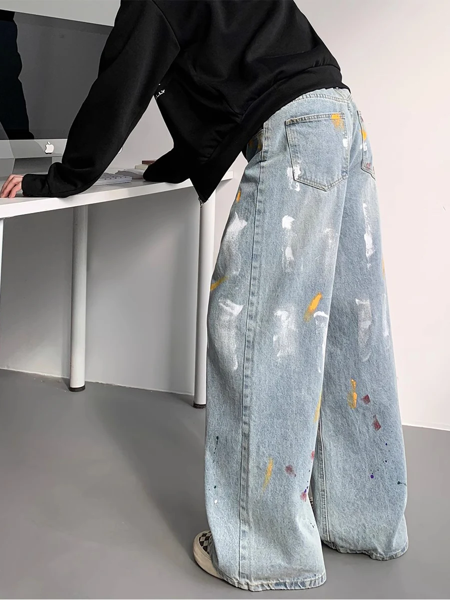 American Vibe Splatter Denim Jeans Men's Summer High Street Vintage Loose Wide Leg Long Trousers Trendy Graffiti Straight Leg...