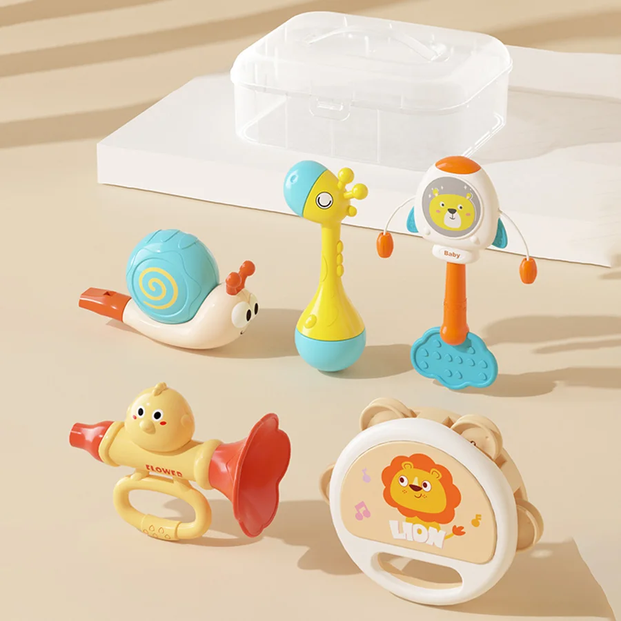 Beruhigendes Spielzeug für Babys, Trommelrassel, Hornpfeifenset, 5-teiliges sicheres Material, Spielzeug mit Klang, beruhigendes Baby, Baby-Geschenk, Spielzeug, Ostergeschenk