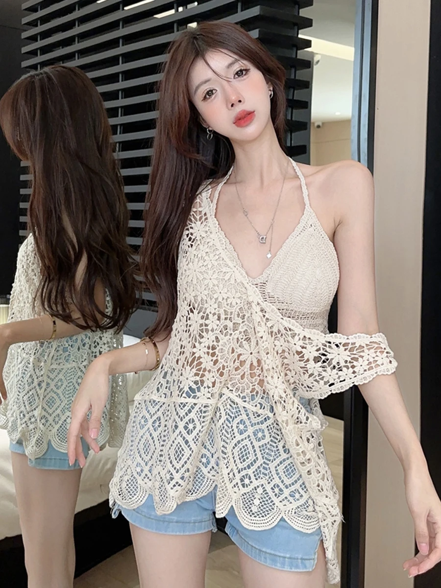 

Sweet And Spicy Lace Hollow out See through Sleeveless Cover up Sexy V Neck with Chest Pad Strap Two Piece Set for Women
