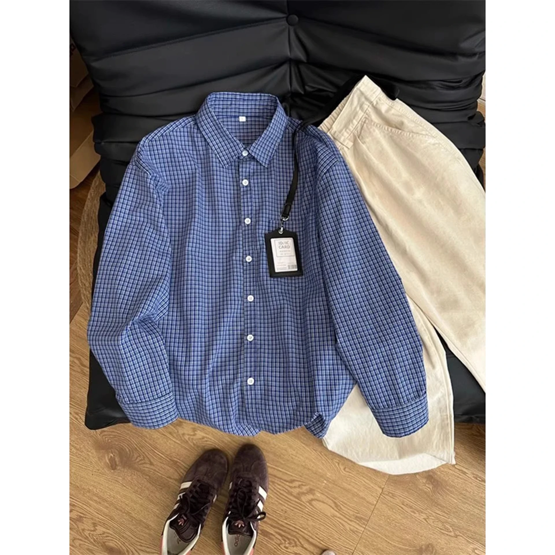 

American Sle Loose Long Sve Blue Plaid irt Men's Casual Spring Outerwear Cleanfit Commute Coat Stand Fit Polyester ...
