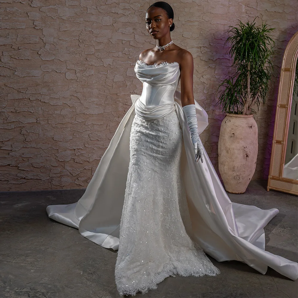 Fashion Mermaid Sleeveless Wedding Dress Delicate Lace Mermaid Vestido De Novia Exquisite Satin Ruched Customized Bridal Gowns