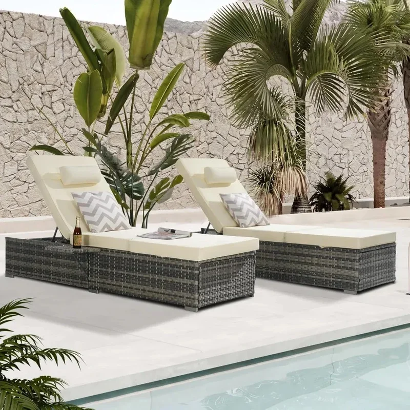 Outdoor Patio Chaise Lounge Set, Adjustable Backrest Recliner Chair with Side Shelf for Garden, Yard, and Poolside Use