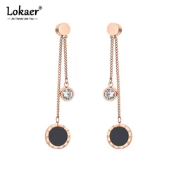Lokaer Trendy Roman Numerals Long Tassel Earrings For Women Titanium Stainless Steel CZ Crystal Wedding Earrings Jewelry E19125