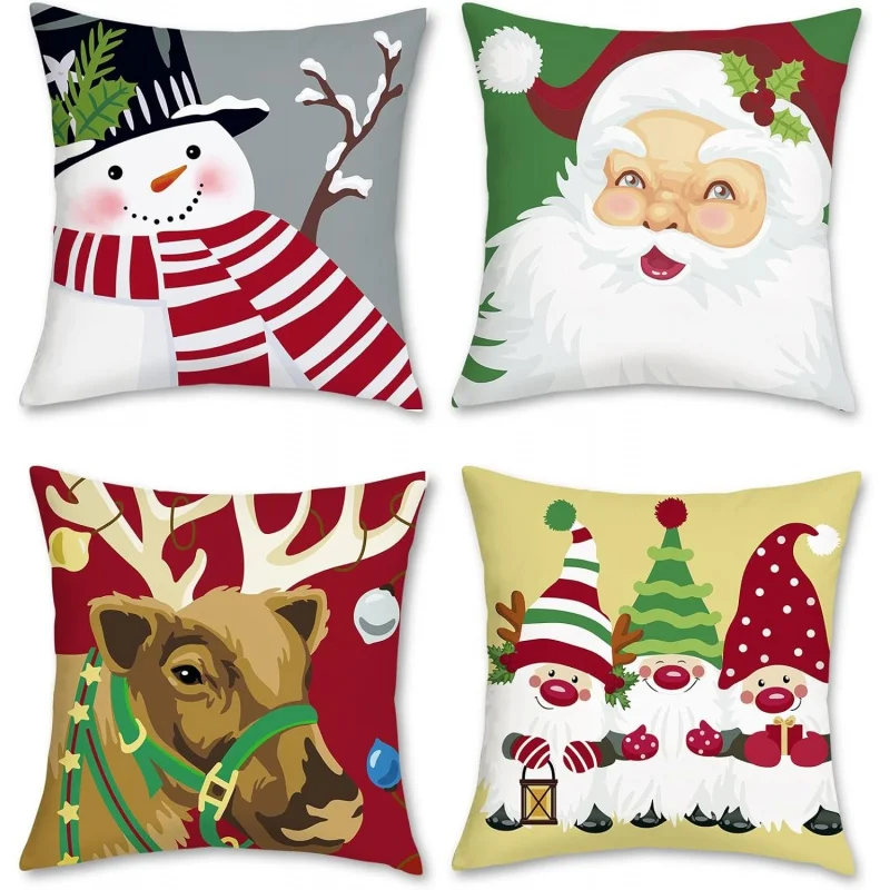 

Santa Claus Pillow Set 18x18 inches Snowman Reindeer Decorative Sofa Winter Festival 4-piece Set