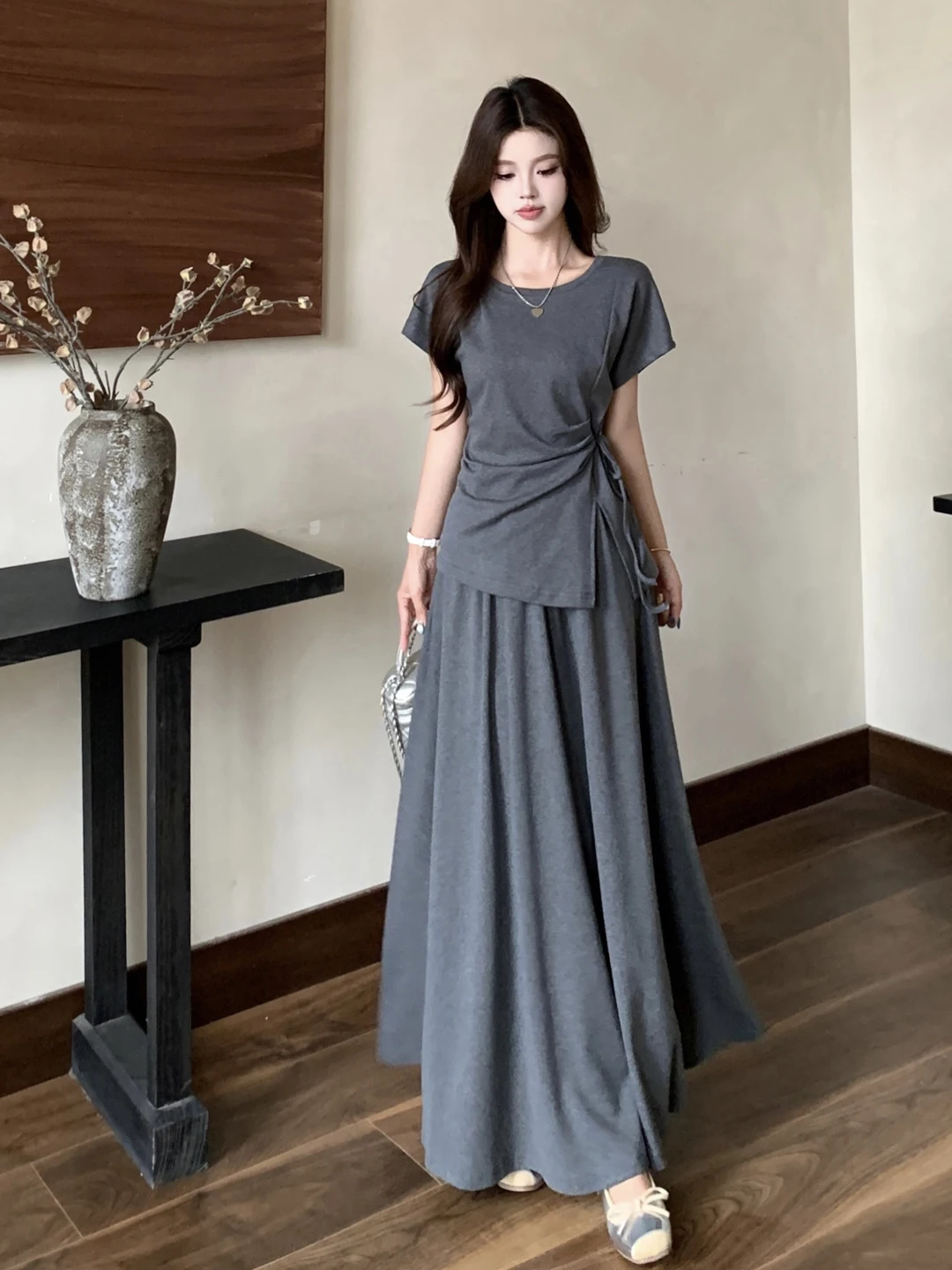 

plus Size Lazy Style Casual Tie Dye Short Sleeve Top with mid Length a Line Skirt Summer New Design Fashion Set for Women
