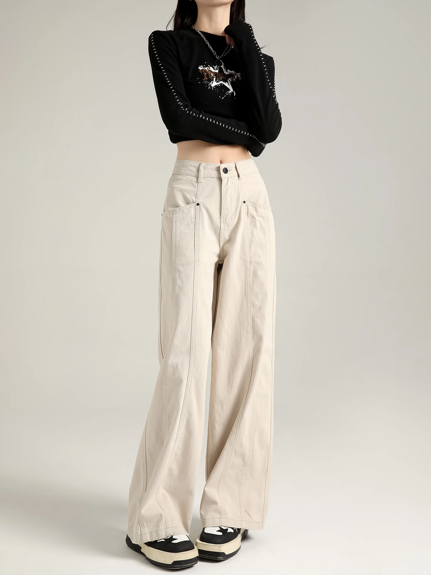 High Waist Wide Leg Denim Jeans Women's Loose Fitting Floor Length Trousers Color Block Design Spring Autumn New Style