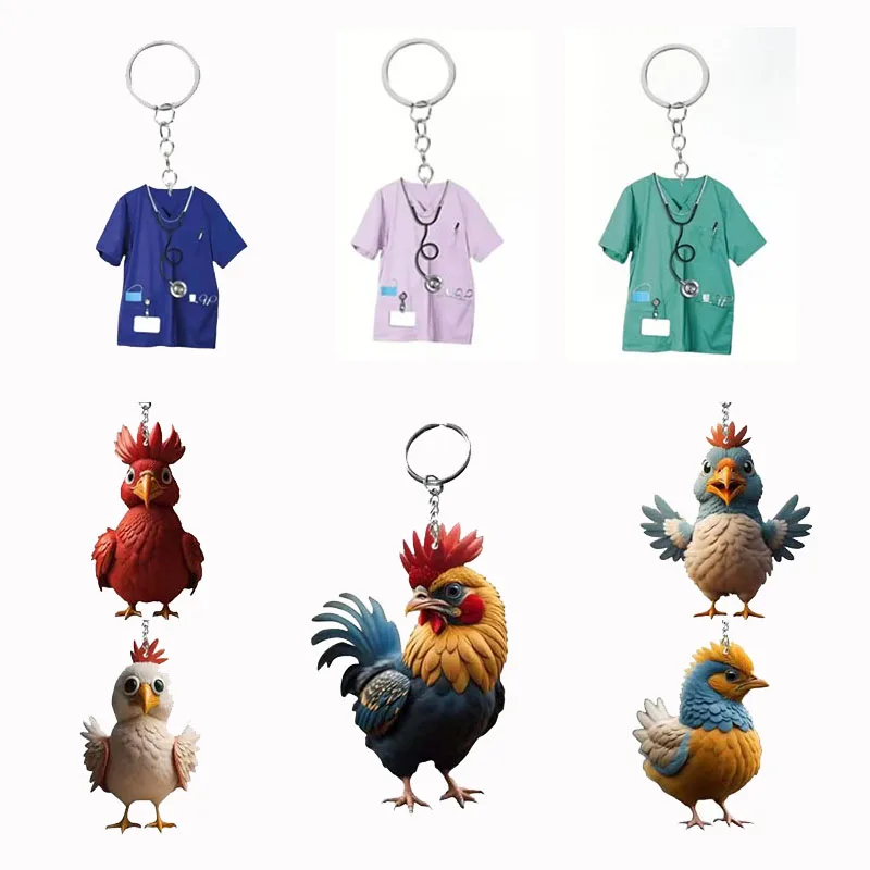 

100pcs/Lot Acrylic Cock Keychain Animal Pet Keyring Chicken Key Chains Scrubs Nurse Uniform Dentistry Hospital Tools Key Rings