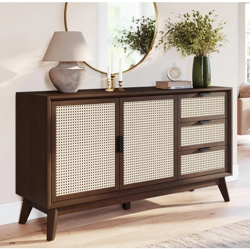 

Bme Rattan Pre-Assembled Buffet Sideboard with 3 Drawers & 2 Doors, 58" Accent Console Table Living Room, Kitchen, Dining